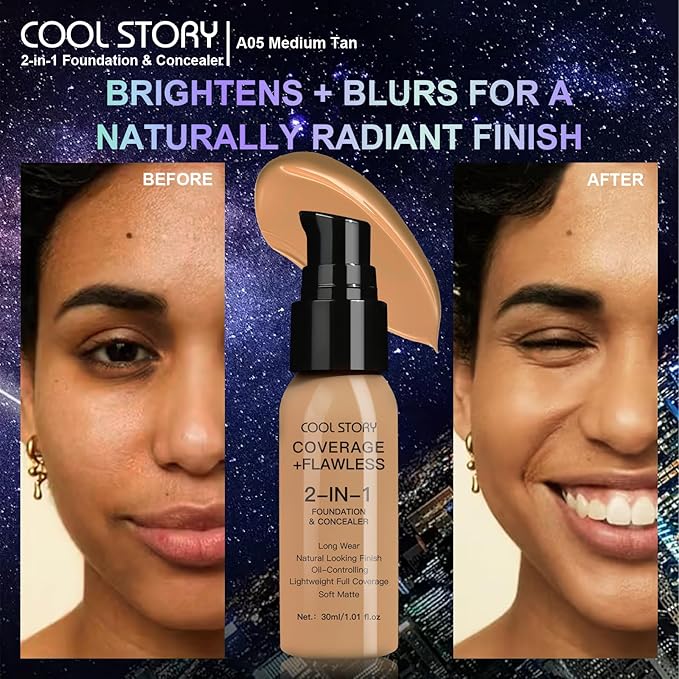 2-in-1 Foundation and Concealer Long Wear Natural Matte Finish Lightweight Coverage (Medium Tan)