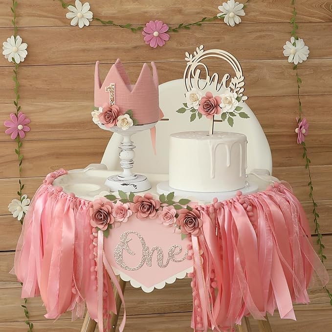 Wildflower 1st High Chair Banner Birthday Decorations For Girl Flower Cake Topper Hat Floral Theme Party Decoration