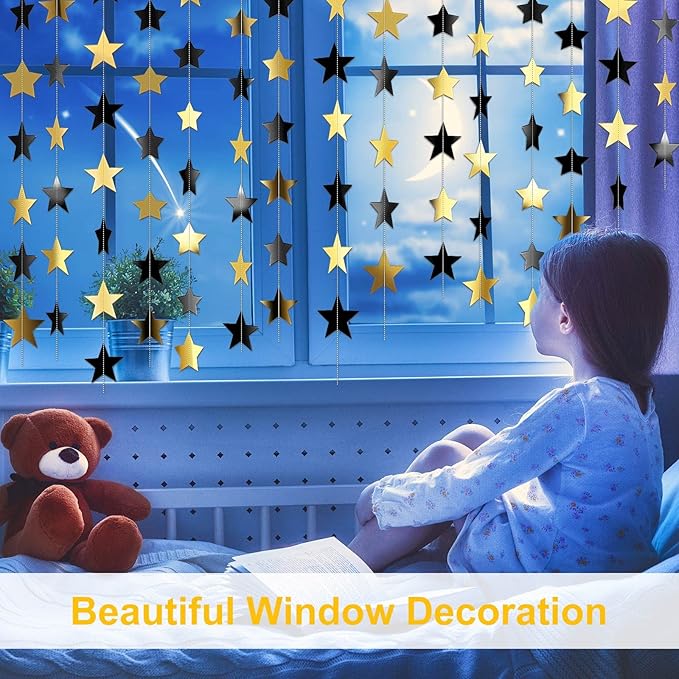 Patelai Glitter Star Garland Banner New Years Decor 130 Feet Star Hanging Banner Twinkle Backdrop for Birthday Classroom Wedding Halloween Christmas Party Supplies(Black, Gold)