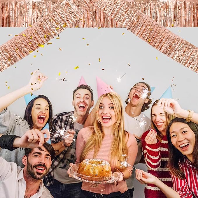 4Packs 12ft Rose Gold Tinsel Party Banner Garlands Disposable Table Skirts Wall Hanging Streamers Curtains Backdrop Party Decorations Photo Booth Props for Parade Floats Birthday Celebration