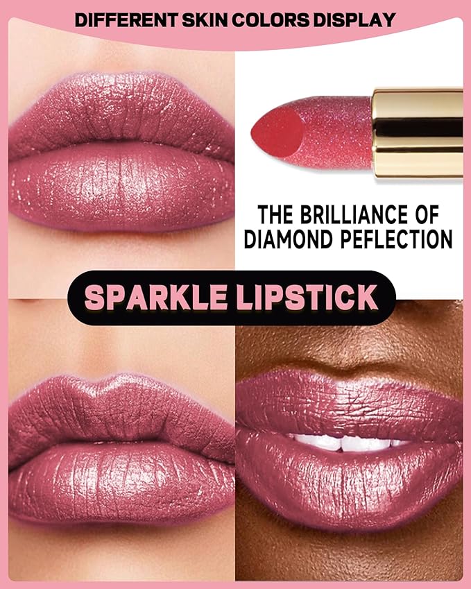 Glitter Metallic Cherry Plum Shimmer Lipstick Long Lasting,Glitter Diamond Shine Red Lipstick Transfer Proof Non-Stick Lip Gloss Shimmer Highly Pigmented Full Coverage Lip Makeup for Women-03