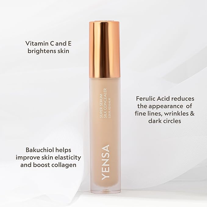 YENSA Super Serum Silk Concealer - Full Coverage Undereye Concealer & Peptides Serum for Face - Enriched with Vitamins C & E, Bakuchiol & Superfoods to Boost Radiance - Medium 1 (0.2 Fl oz)