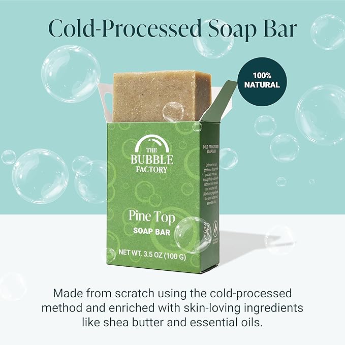 The Bubble Factory Handmade Natural Bath & Body Soap Bar, Vegan, All-Natural, Palm Oil Free, Made in USA with Shea Butter + Essential Oils, Pine Top, 3 Bars