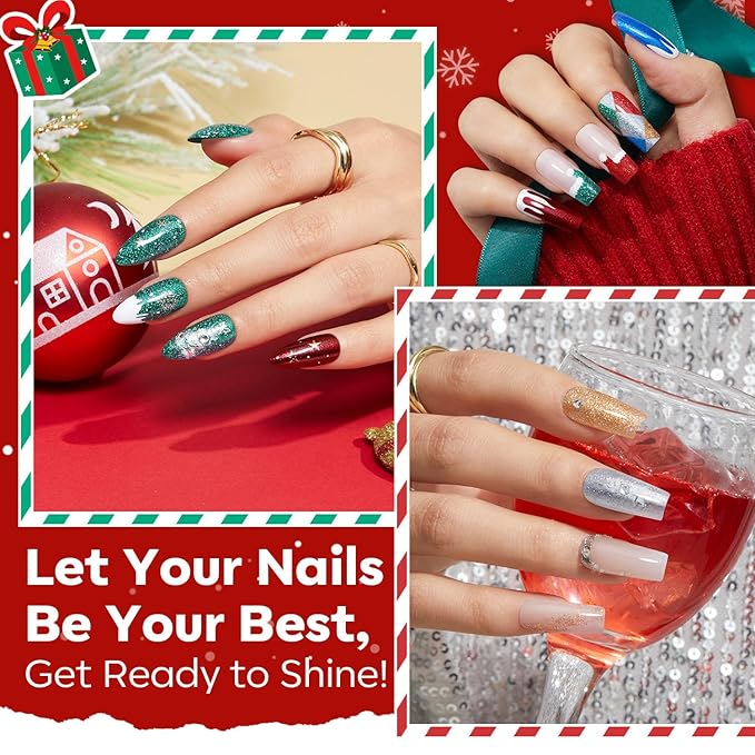 modelones New Year Nail Polish Set 6 Colors, Red Green Burgundy Gold Silver Blue Glitter Quick Dry Mini Nail Lacquer Kit with Christmas Stickers, Sparkle Winter Nail Art Manicure Gift for Girls Women