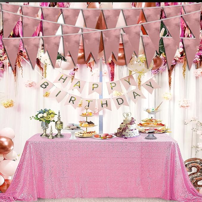 20M/65FT Rose Gold Triangle Pennant Banner Flag Metallic Fabric Bunting Garland for Christmas Wedding Birthday Anniversary Bridal Shower Engagement Graduation Hen Party Decorations Supplies