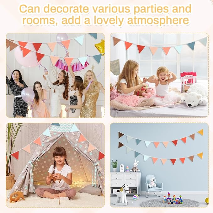 2PCS Pennant Banner Flags,Thanksgiving Decor Fabric Bunting Banner Nursery Garland Decor,Baby Shower Garland,Triangle Flags for Baby Boy Room,Playroom,Boho Birthday Party Decor, Each 7.75 ft