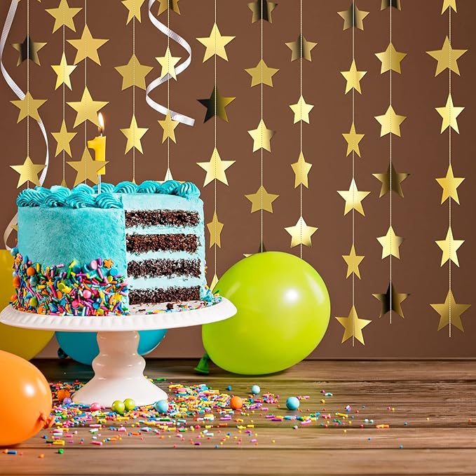 Patelai Glitter Star Garland Banner New Years Decor 130 Feet Star Hanging Banner Twinkle Backdrop for Birthday Classroom Wedding Halloween Christmas Party Supplies(Gold)