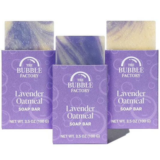The Bubble Factory Handmade Natural Bath & Body Soap Bar, Vegan, All-Natural, Palm Oil Free, Made in USA with Shea Butter + Essential Oils, Lavender Oatmeal, 3 Bars