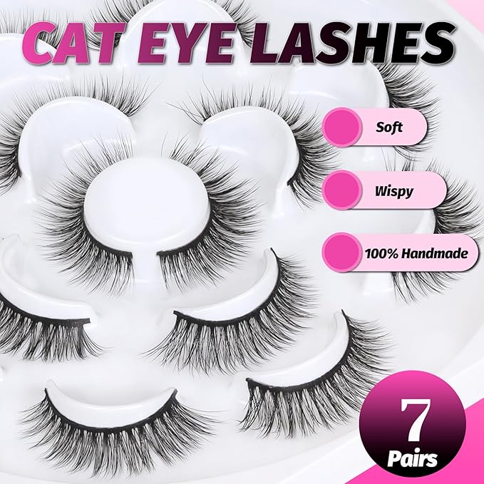 Veleasha Lashes 5D Faux Mink Lashes Cat Eye Lashes Handmade False Eyelashes Wispy Fake Lashes 7 Pairs Luxurious Volume Fake Eyelashes Pack (5D28)