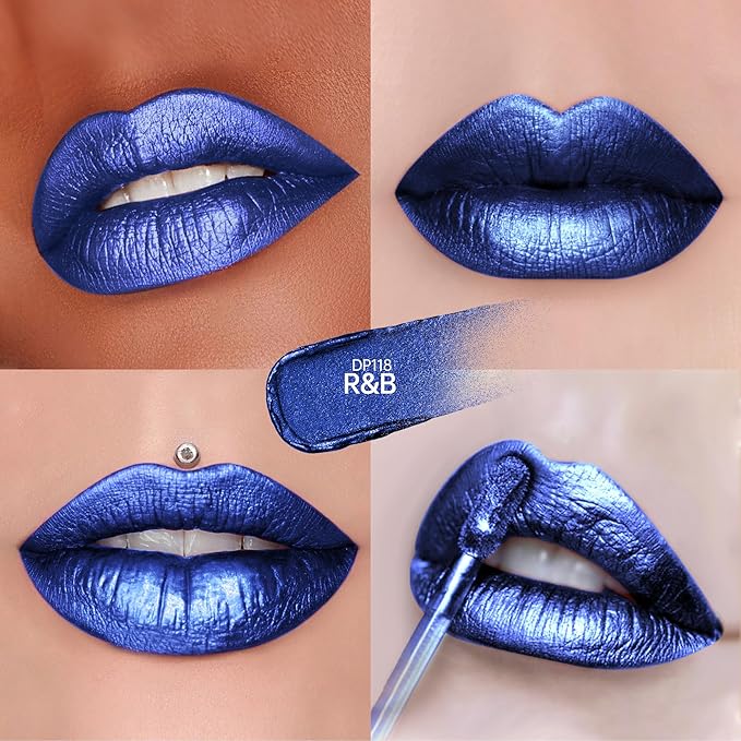 Blue Lipsticks for Women Metallic Lipstick Long Lasting Non Stick Cup Lip Gloss, Shimmer Lightweight Hydrating Full Coverage Lip Color, DP118 R&B