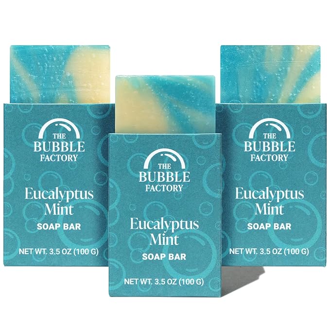 The Bubble Factory Handmade Soap, All Natural Soap for Women & Men, Hand, Bath & Body Natural Bar Soap, Vegan, Palm Oil Free, Made in USA with Shea Butter + Essential Oils, Eucalyptus Mint, 3 Bars