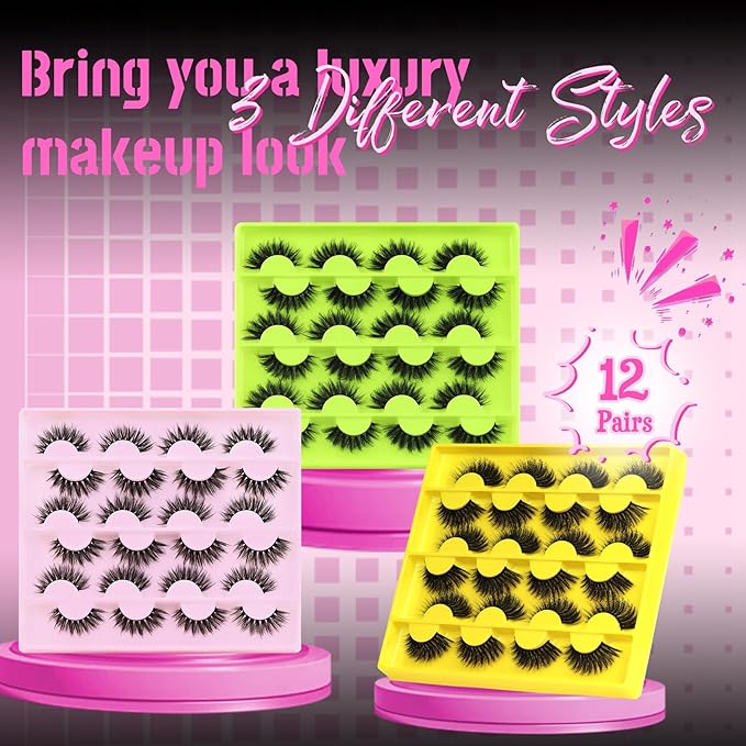 Veleasha Lashes Fluffy Eyelashes 12 Pairs C Curl False Eyelashes Natural Look Wispy Cat Eye Fake Lashes (Dopamine Pink)
