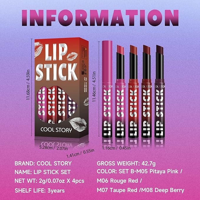COOL STORY Matte Lipstick Lightweight Blurring Formula with High Impact Pigment, Long-lasting, 0.07 oz (4 color SET-B)