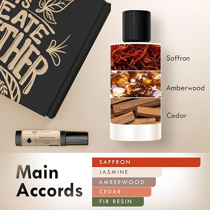 Woody Saffron Perfume for Men & Women, Inspired by MFK Bacarat Rouge 540, 2-Piece Combo of 100 ml Fragrance Spray Bottle and 10 ml Alcohol-Free Roll-On Perfume Oil, Vegan, Paraben-Free, Unisex