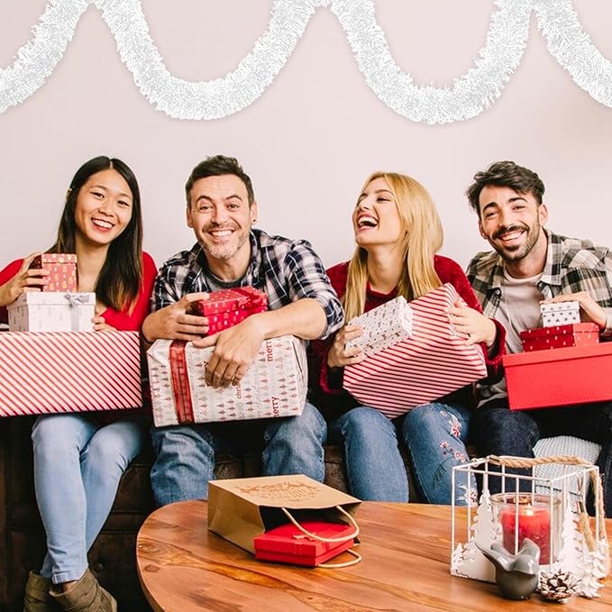 25 Feet Christmas Foil Fringe Banner Metallic Tassle Garland Metallic Backdrop Parade Floats Shiny Hanging Ceiling, Valentine's, Wedding, New Year Party Decorations(4" x 25', Macaron White)