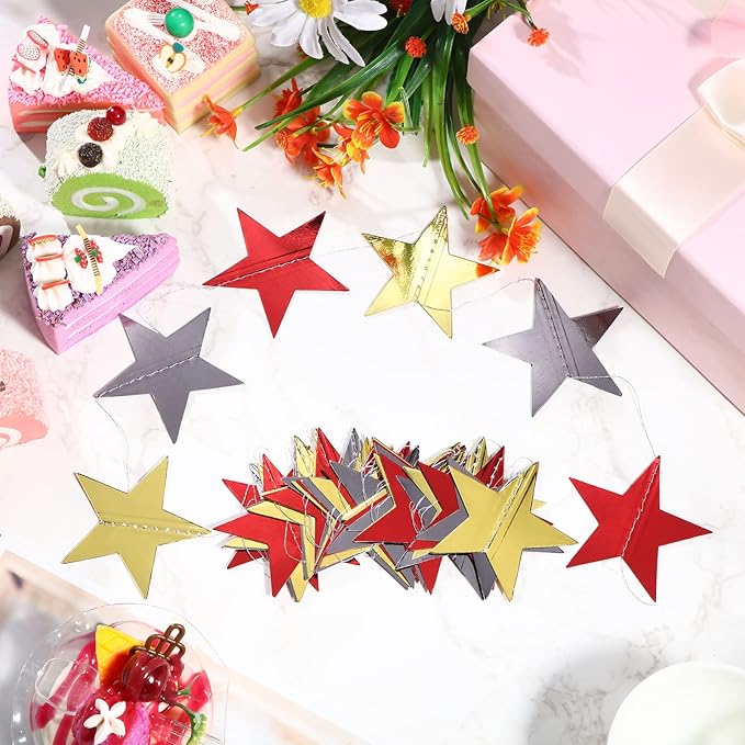 Patelai Glitter Star Garland Banner New Years Decor 130 Feet Star Hanging Banner Twinkle Backdrop for Birthday Classroom Wedding Halloween Christmas Party Supplies(Red, Black, Gold)