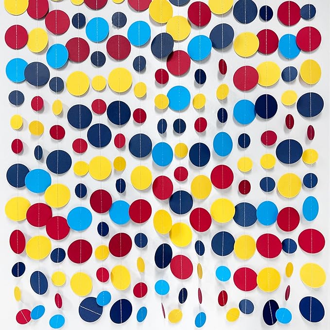 Red Blue Yellow Party Decorations Circle Dots Garland Hanging Paper Polka Dot Streamer for Carnival Circus Clown Fiesta Festivals Birthday Wedding Bridal Shower Wedding Baby Shower Party Supplies