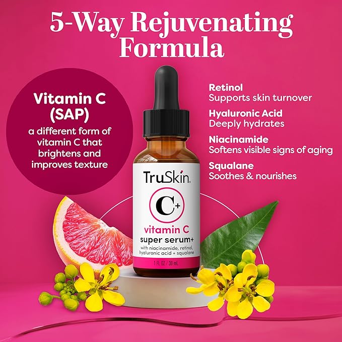 TruSkin Vitamin C Super Serum - Niacinamide, Retinol, Hyaluronic & Salicylic Acid - All-in-One Anti Aging Serum for Face – Improve Appearance of Dark Spots, Firmness for Brighter Looking Skin, 2 Fl Oz