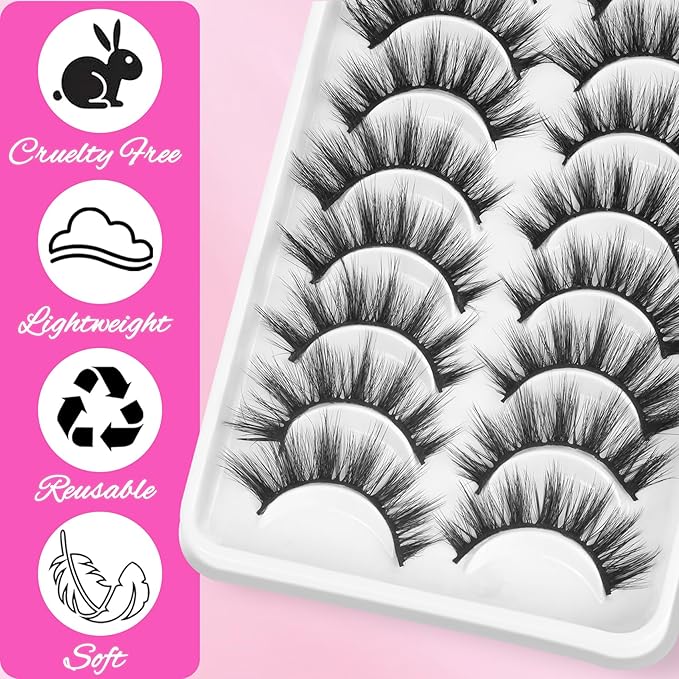 Veleasha Lashes Fluffy Wispy Faux Mink Eyelashes Criss-cross False Lashes 10 Pairs Pack Fake Eyelashes for Women (6D01)