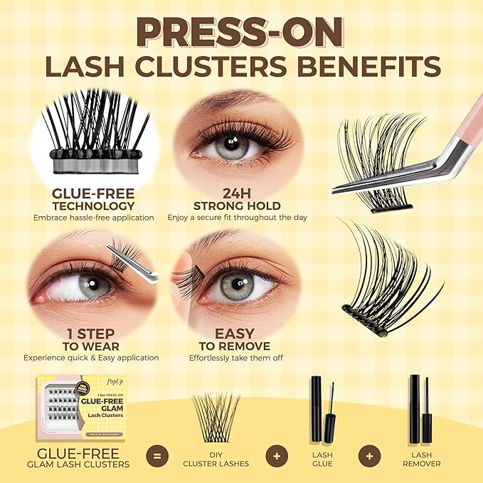 PopUp Self Adhesive Eyelashes Clusters, Press On Lashes Pre Glued Eyelash Extension Kit with Lash Tweezer,10-16mm No Glue No Remover Needed Self Adhesive Lashes Clusters 703