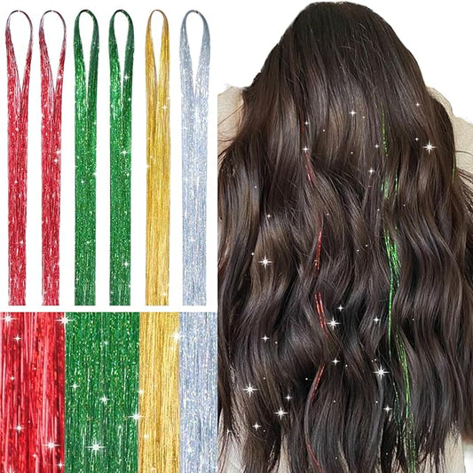 WENNALIFE Hair Tinsel for Girls, Chrismas Fairy 2PCS Red 2PCS Green 1PCS Gold 1PCS Silver 1200 Strands 6PCS 48 Inch Glitter Tinsel Hair Extensions Christmas Gift Sparkle Strands