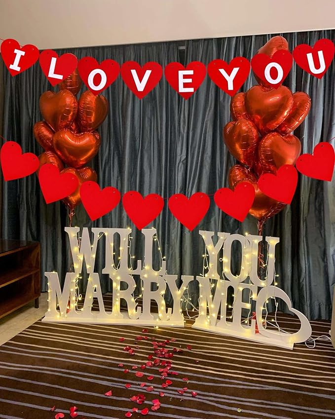 2 Pack Felt I Love You Bunting Banner, Valentines Day Felt Red Heart Decorations,Valentines Day White I Love You Sign Banner for Valentines Day Anniversary Wedding Party Decorations Supplies