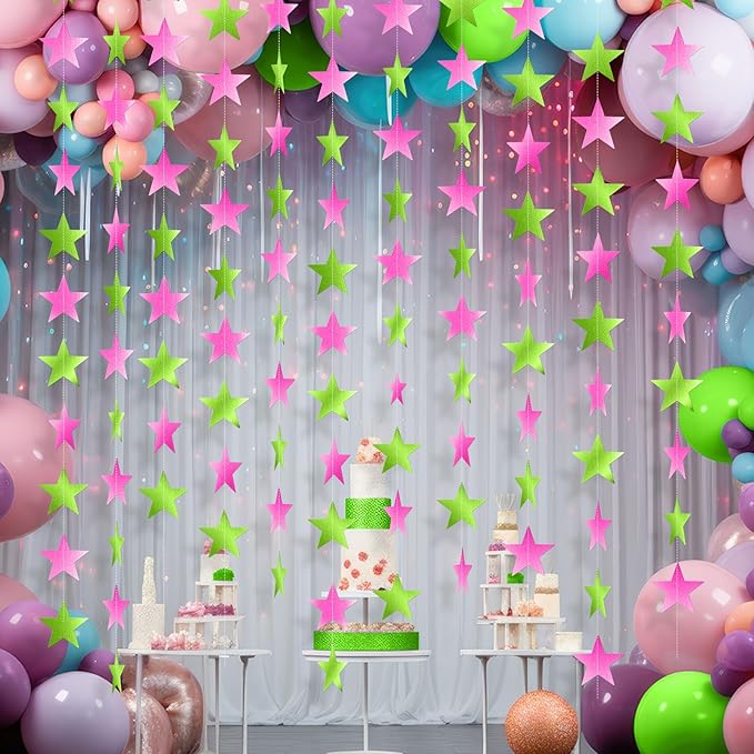 Patelai Glitter Star Garland Banner New Years Decor 130 Feet Star Hanging Banner Twinkle Backdrop for Birthday Classroom Wedding Halloween Christmas Party Supplies(Pink,Green)