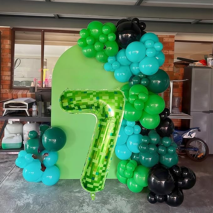 40 Inch Green Pixel Number 7 Balloon for Kids 7th Birthday Decorations, Large Dark Kelly Lime Green Self Inflating Foil Seven Balloon Number for Boys Birthday Video Game Patrick's Day Party Supplies
