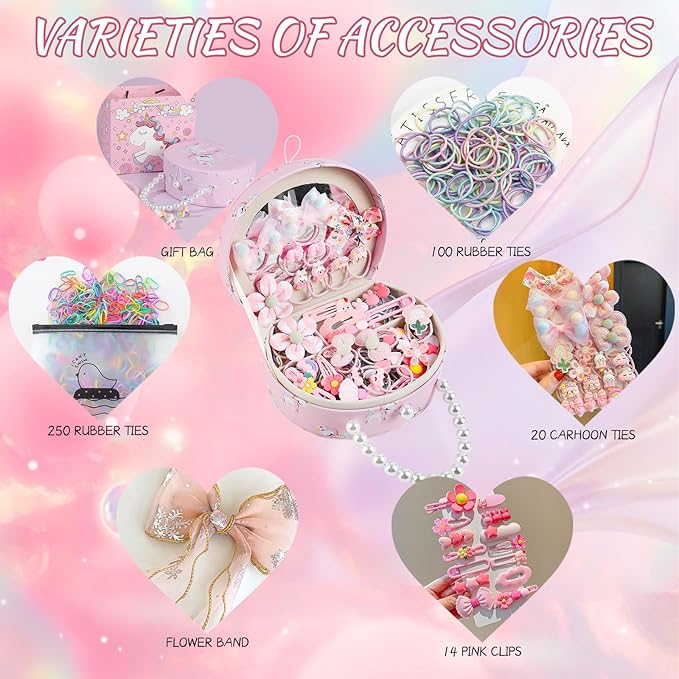 Velachuan Princess Jewelry Box for Girls with Hair Accessories,Girls Hair Clips Bows Set, Fashion Hair Styling Kit with Mirror,Pink Sparkle Trinket Box Includes Hair Clips (Ribbon)