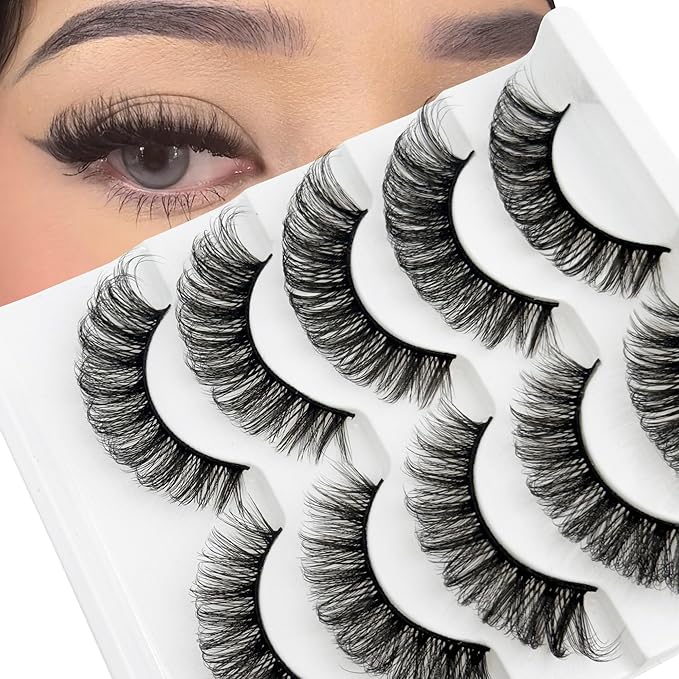 Short Thick Lashes Natural Look D Curl Eyelashes that Look Like Extensions 5 Pair Fluffy Mink Wispy Cat Eye Strip False Volume Lash Pack 8-14mm Full Mega Double Stacked Eyelash Small Fake Lashes