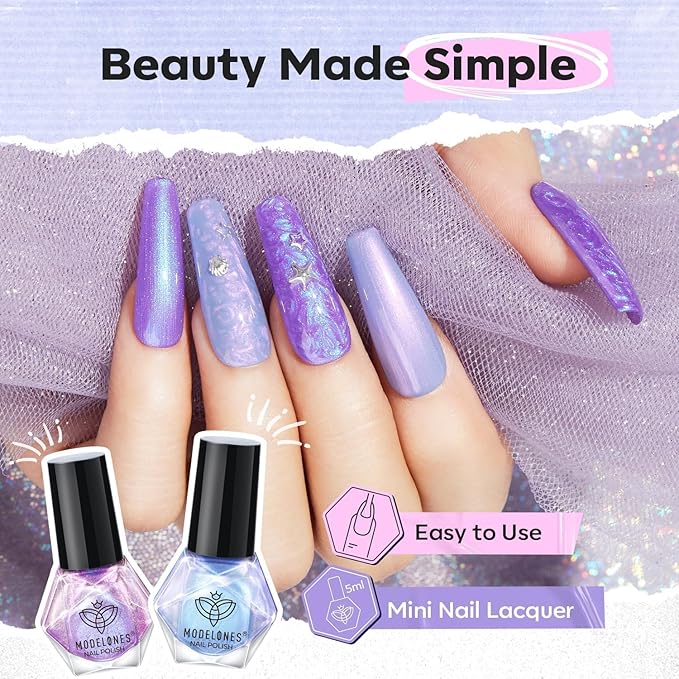 modelones Nail Polish Set, 6 Colors Chrome Pearl Shimmer Pink Purple White Aurora Iridescent Green Quick Dry Nail Polish Kit Gifts for Women 2025 Salon DIY Manicure Kit