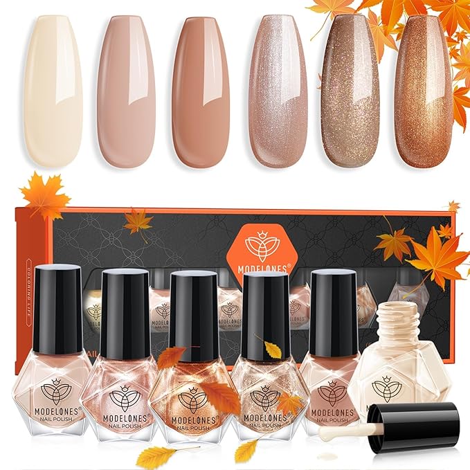 modelones Fall Nail Polish Set, 6 Colors Nude Brown Orange Metallic Bronze Quick Dry Mini Nail Lacquer Kit Shimmer Nail Art DIY Home Salon Manicure Gifts for Women Girls