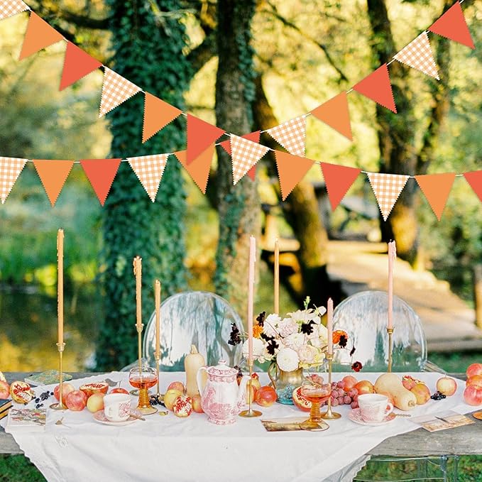33 Ft Hanging Banner Decoration Triangle Flag Orange Pennant Plaid Fabric Bunting Garland for Birthday Wedding Baby Shower Party Supplies