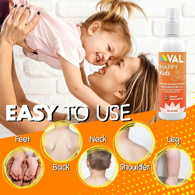 VAL Kids Magnesium Oil Spray – Natural Bedtime Calm & Mood Support | Zechstein Magnesium, Chamomile & Aloe | No Itch | Fast-Absorbing | Made in USA | 4oz