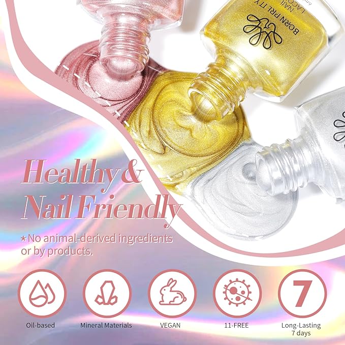 Born Pretty Metallic Nail Polish Set, 15 Colors Metallic Mirror Quick Dry Nail Polish Red Pink Gold Silver Purple Chrome Holographic Regular Nail Polish Nail Lacquer Fingernail Glossy Nail Polish Set