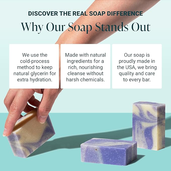 The Bubble Factory Handmade Natural Bath & Body Soap Bar, Vegan, All-Natural, Palm Oil Free, Made in USA with Shea Butter + Essential Oils, Lavender Oatmeal, 3 Bars