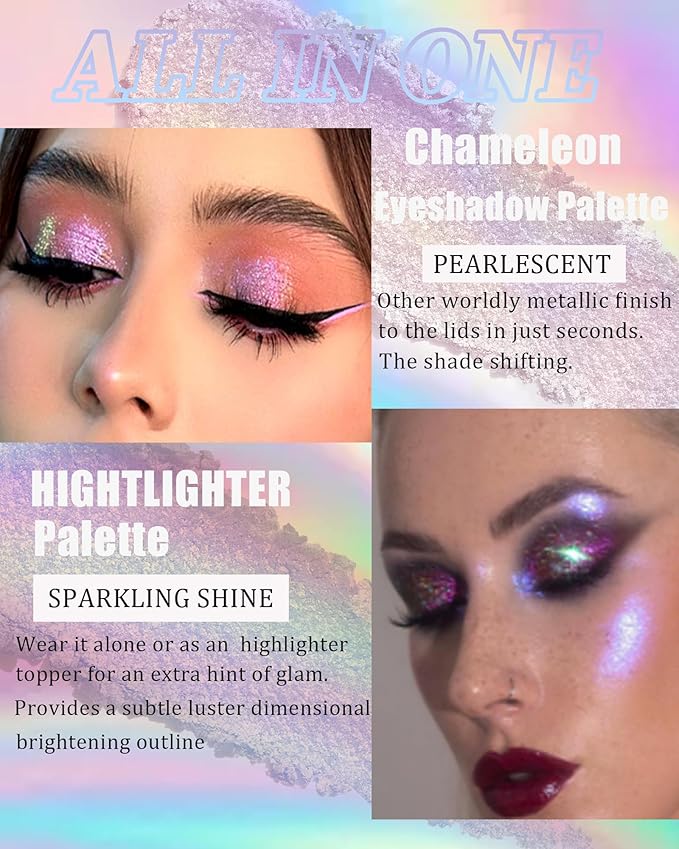 Glitter Holographic Eyeshadow Palette Multichrome Chameleon Face Highlighter, Sparkling Cream Color Shifting Single Eye Shadow Long Lasting Shimmer Inner Corner Eye Brightener Purple Mermaid Makeup-04