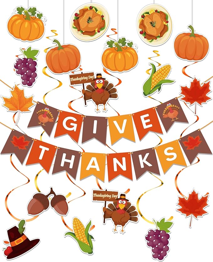 45 Pcs Thanksgiving Decorations, GIVE THANKS Banner with Hanging Swirls for Indoor Wall, Friendsgiving Decorations for Party Office Home Classroom