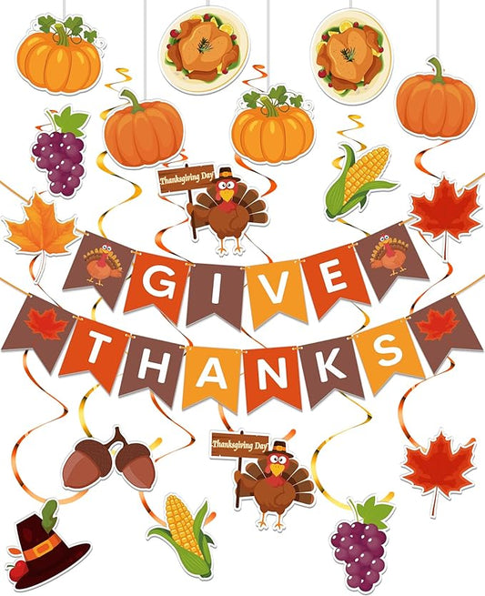 45 Pcs Thanksgiving Decorations, GIVE THANKS Banner with Hanging Swirls for Indoor Wall, Friendsgiving Decorations for Party Office Home Classroom