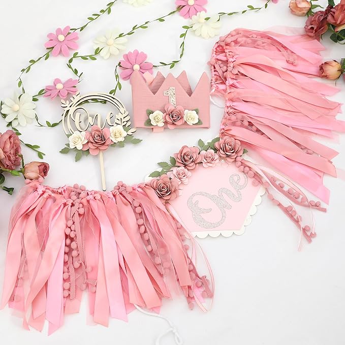 Wildflower 1st High Chair Banner Birthday Decorations For Girl Flower Cake Topper Hat Floral Theme Party Decoration