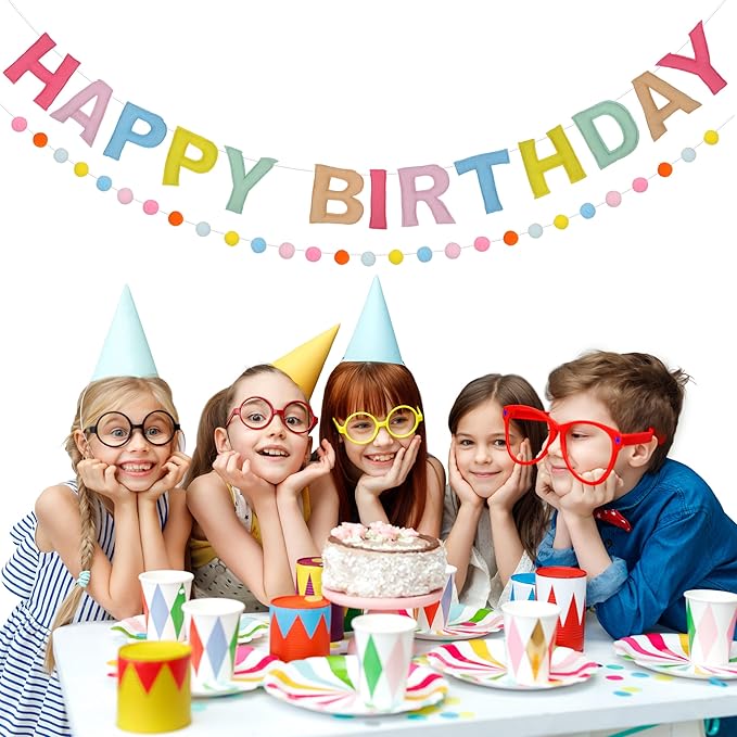 2 PCS Pre-Strung 3D Felt Happy Birthday Banner - Reusable Rainbow Happy Birthday Decorations Sign, Felt Ball Garland, Pom Pom Garland, Party Decor, Photo Prop (MACARON)