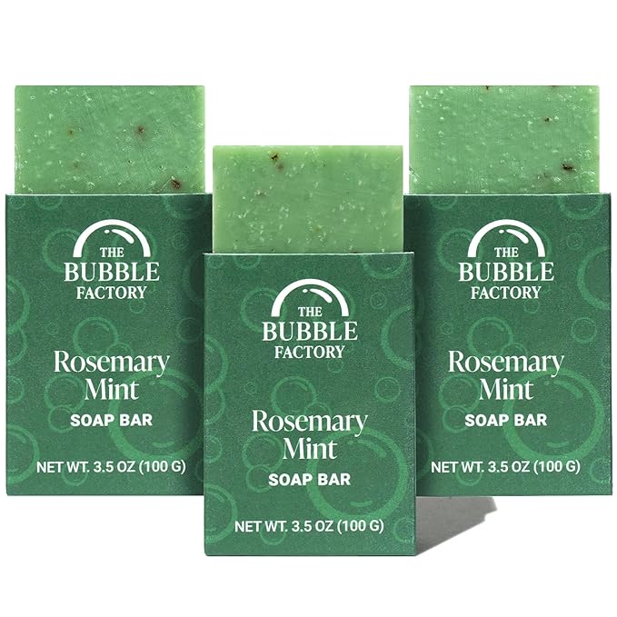 The Bubble Factory Handmade Natural Bath & Body Soap Bar, Vegan, All-Natural, Palm Oil Free, Made in USA with Shea Butter + Essential Oils, Rosemary Mint, 3 Bars