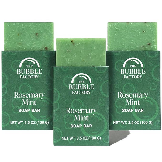 The Bubble Factory Handmade Natural Bath & Body Soap Bar, Vegan, All-Natural, Palm Oil Free, Made in USA with Shea Butter + Essential Oils, Rosemary Mint, 3 Bars