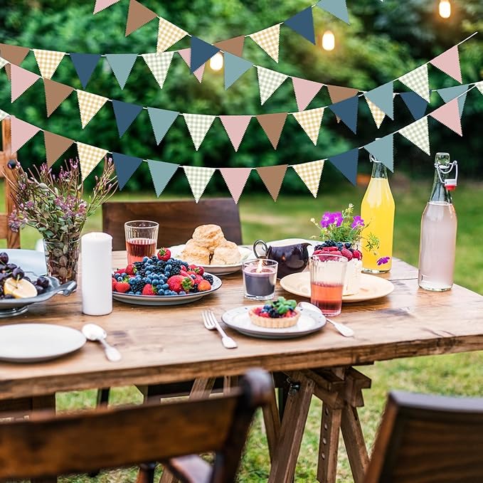 33 Ft Gingham Hanging Banner Decoration Boho Pennant Plaid Triangle Flag Fabric Bunting Garland for Birthday Wedding Baby Shower Party Supplies