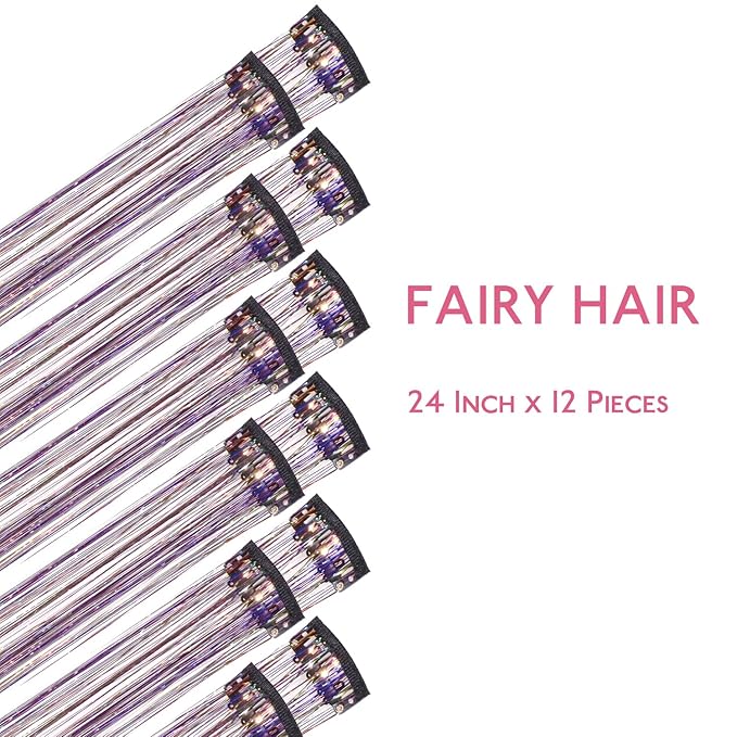 WENNALIFE Hair Tinsel kit for Girls, Clip in Rainbow, 12PCS 24 Inch Hair Accessories for Women Clip in Colorful Glitter Tinsel Hair Fairy Girls Hair Accessories for Kids