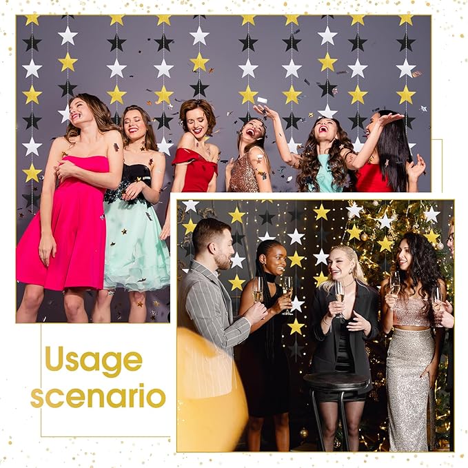 Patelai Glitter Star Garland Banner New Years Decor 130 Feet Star Hanging Banner Twinkle Backdrop for Birthday Classroom Wedding Halloween Christmas Party Supplies(Silver Gold Black)