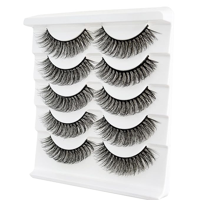 Short Thick Lashes Natural Look D Curl Eyelashes that Look Like Extensions 5 Pair Fluffy Mink Wispy Cat Eye Strip False Volume Lash Pack 8-14mm Full Mega Double Stacked Eyelash Small Fake Lashes