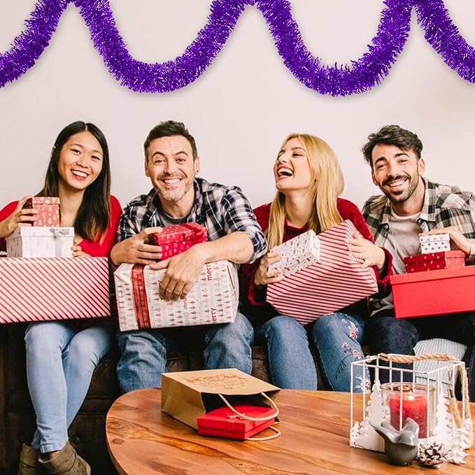 25 Feet Christmas Foil Fringe Banner Metallic Tassle Garland Metallic Backdrop Parade Floats Shiny Hanging Ceiling, Valentine's, Wedding, New Year Party Decorations(4" x 25', Purple)