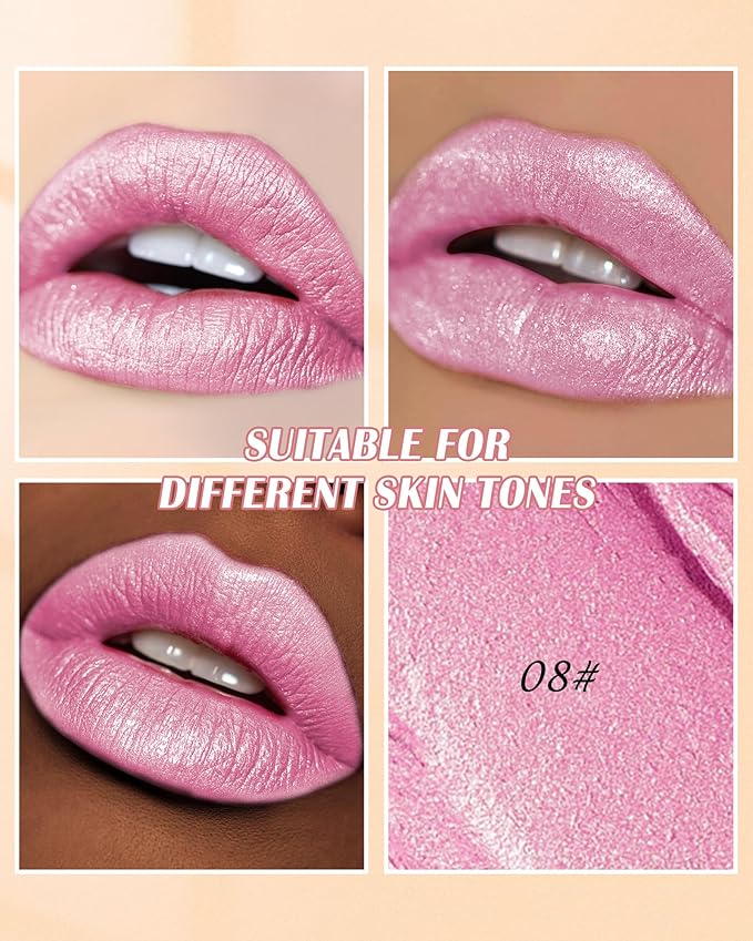 Diamond Glitter Lipstick, Pink Shimmer Matte Metallic Lipstick, High Pigmented Waterproof Long Lasting Lip Gloss, Shiny Non-Sticky Creamy Lip Tint Stain, Christmas Lip Makeup Gift for Women Girl-08