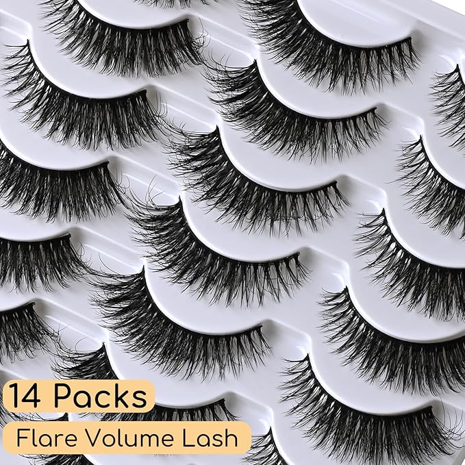 Wispy Eyelashes Natural Cat Eye Lashes Short Mink Lash Strips Fluffy Fake Cateye Eyelash 14 Pairs False Volume Eye Lash Pack Natural Look